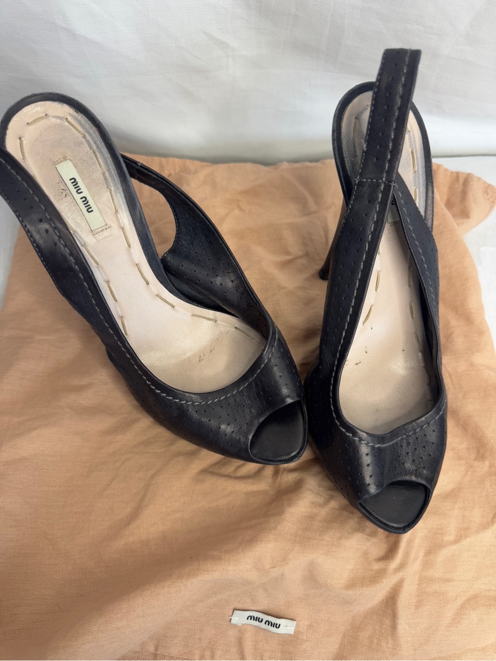 Miu Miu Black Peep-Toe Slingback Leather Heels